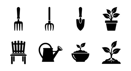 Gardening Icons Set: Tools, Plants, Watering Can, Bench, Potted Plant, Soil - Vector Graphics for Horticulture © Shawon