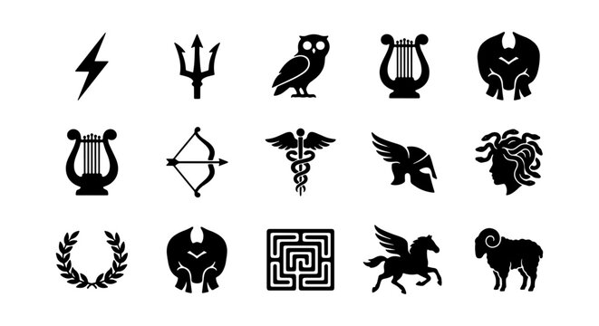 Ancient Greek Mythology Icons Set: Zeus, Poseidon, Athena, Hades Symbols, Vector Graphics Collection