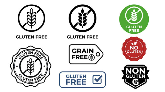 Gluten free icon and non gluten label illustration with wheat grain symbol for healthy food packaging sticker design, allergy friendly sign, organic product emblem, isolated on white background.