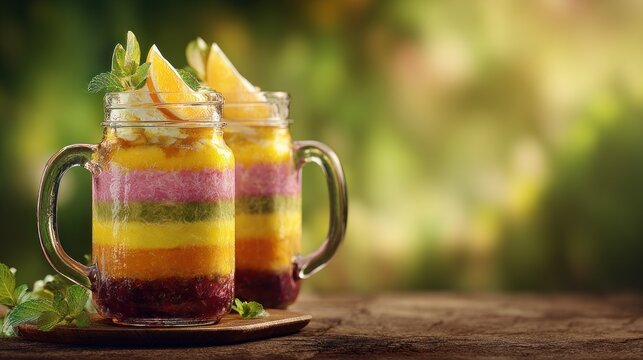 Layered fruit parfaits topped with cream and citrus slices rest on a wooden surface outdoors