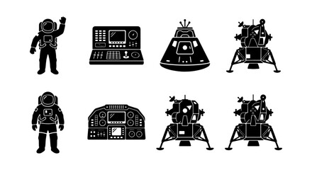 Space Exploration Icons: Astronauts, Lunar Lander, Capsule, Control Panel Vector Set for Science and Technology © Samir