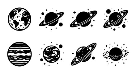 Space Planets Vector Icons Set, Celestial Bodies and Stars, Cosmic Elements Collection, Astronomy Graphics © Samir