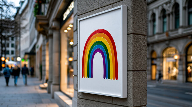 arge white poster on the exterior wall of a city building, featuring a hand-painted rainbow in LGBTQ+ pride colors, minimal clean composition, focus on the poster, part of the stre