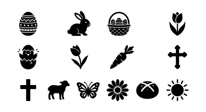 Easter Icons Set, Spring Holiday Vector Graphics, Festive Symbols Collection, Celebration Elements