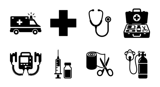 Medical Icons Set: Ambulance, Stethoscope, First Aid Kit, Syringe, Oxygen Tank, Vector Graphics for Healthcare