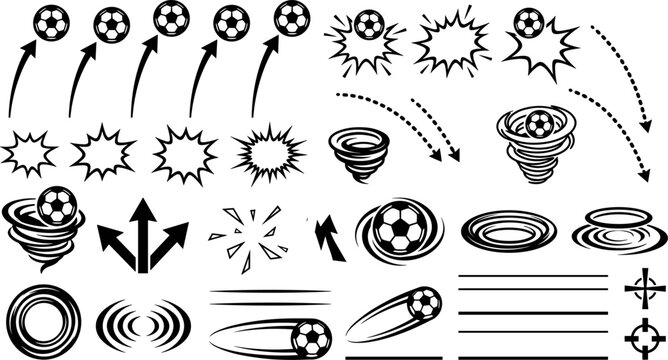 Soccer ball motion effect icons and design elements set