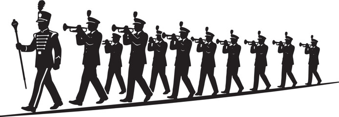 Marching Band Silhouette Vector, Brass Musicians Playing Trumpets, Parade Performance, Formal Uniforms, Dynamic Procession © Shohel
