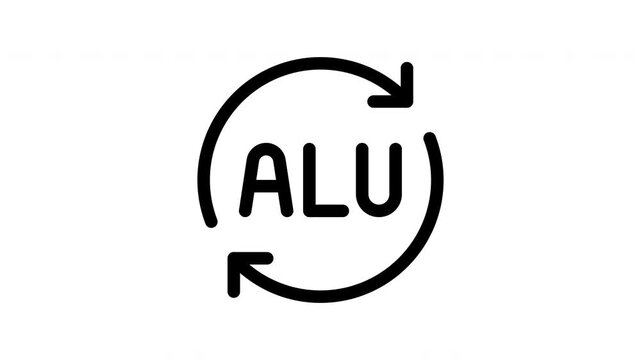 Animated aluminium recycling icon showing rotating arrows and bouncing alu letters