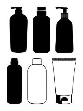 Solid black icon, white background: sun cream bottle set with simple line art design featuring outline, illustration, graphic elements with clean design and vector art