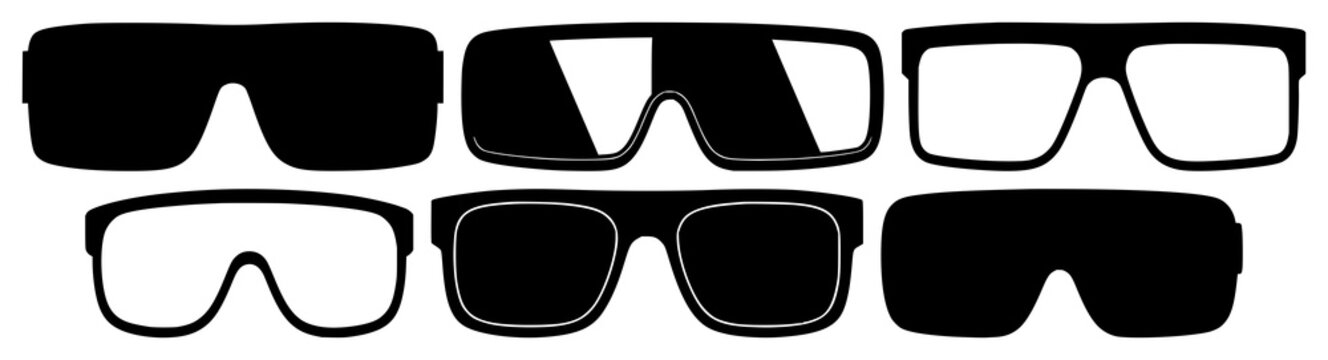 Solid black icon, white background: augmented reality (AR) glasses set with simple line art design featuring sketches, drawings, vector graphics with minimalist and simple illustrations