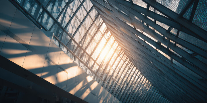 Bright sunlight through modern glass ceiling creating abstract geometric shadows indoors.