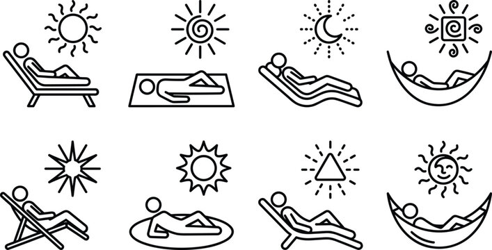 Minimalist summer sunbathing relaxation line art icon set featuring stick figures lounging under different sun and moon variations