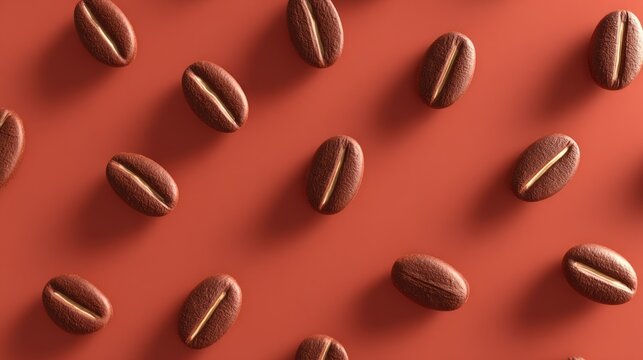 Roasted coffee beans are arranged in a repeating pattern against a solid background