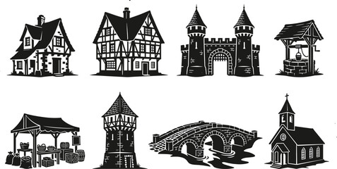 Medieval town and village black silhouette icon set featuring timbered houses castle gate water well market stall watchtower stone bridge and church © MstRehna
