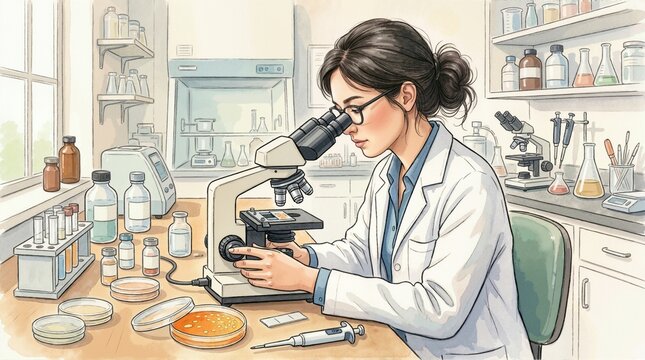 Female scientist working with a microscope in a laboratory. Watercolor illustration of a microbiologist analyzing bacteria samples in petri dishes