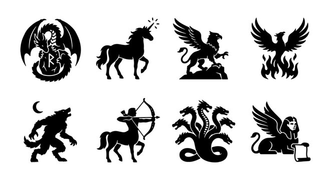 Mythical Creatures Vector Icons Set: Dragon, Unicorn, Griffin, Phoenix, Werewolf, Centaur, Hydra, Sphinx Symbols