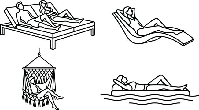Minimalist summer relaxation line art vector illustration set with people sunbathing on lounge chairs hammock and pool float