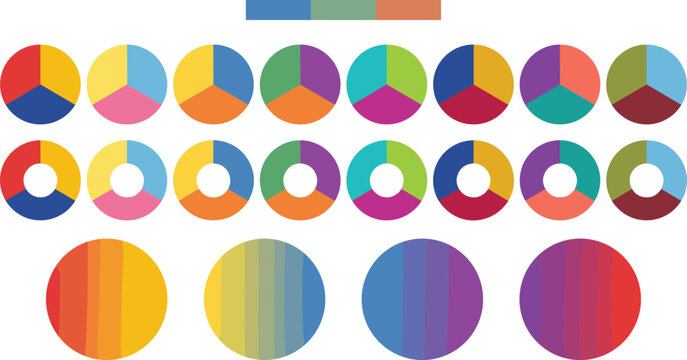 Color palette color wheel theory chart vector illustration set with various multi color triads and circular gradient swatches