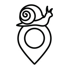 Minimalist outline icon of a snail positioned over a map location pin representing slow travel or local navigation concepts in vector graphic style © NorStock