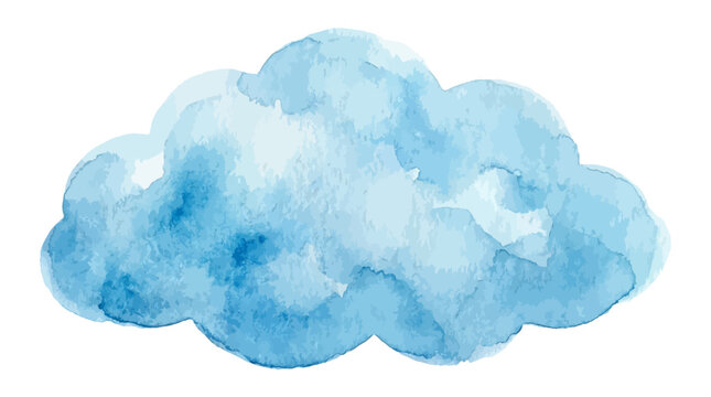 Ethereal blue watercolor cloud painting with soft texture and artistic brush strokes, delicate cerulean splash of paint isolated on a clean white background for graphic design.