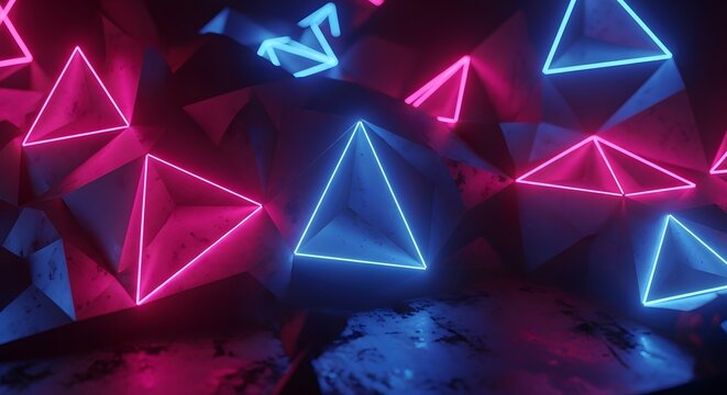 Abstract geometric background with neon triangle outlines in pink and blue
