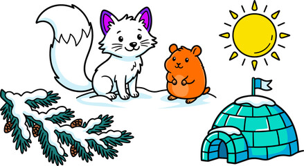 Fototapeta premium Cute Arctic Fox and Hamster Cartoon Character Sticker Set with Ice Igloo Snowy Pine Branch and Sun Elements for Kids Vector Illustration