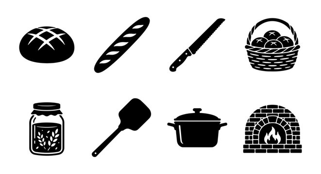 Bakery Icons Set: Bread, Knife, Basket, Jar, Spatula, Pot, Oven, Vector Graphics for Food Business