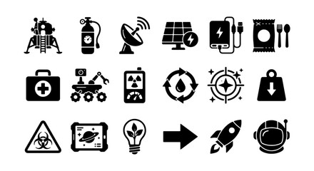 Space Exploration Icons Set, Rocket, Astronaut, Solar Panel, Rover, Moon Lander, Technology Symbols © Rashed