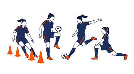 Fototapeta premium Female football players group training drill on a green grass field under bright daylight with women sports football athletes training exercise practice teamwork coaching