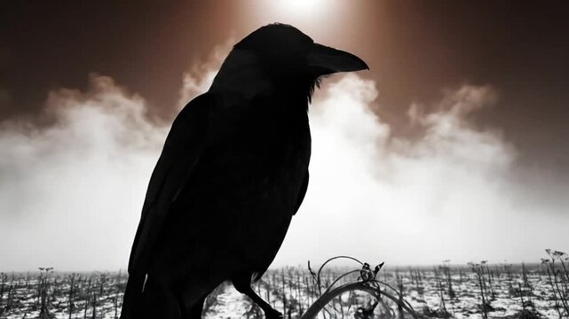 Dramatic silhouette of a crow perched against a moody cloudy sky and desolate field, nature scene