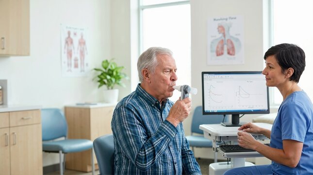 Elderly man performing a spirometry test with a doctor in a pulmonology clinic. Senior male patient blowing into a spirometer to measure lung capacity. Respiratory health assessment and diagnosis