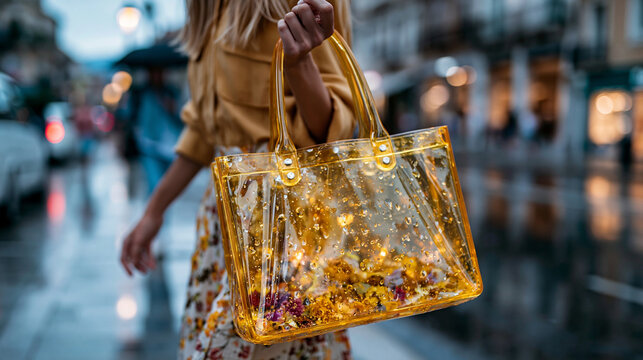 Stylish young woman walking a wet city street after summer rain carrying a glossy structured transparent yellow jelly tote bag that repels the rain droplets, colourful contents cle