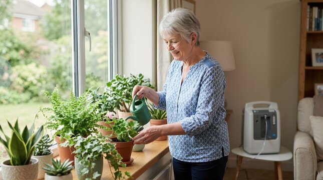 Elderly woman with nasal cannula watering houseplants. Smiling senior female patient on oxygen therapy staying active at home