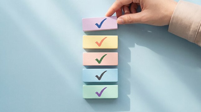 A hand places the final checkmark on a colorful checklist, symbolizing completion and organization