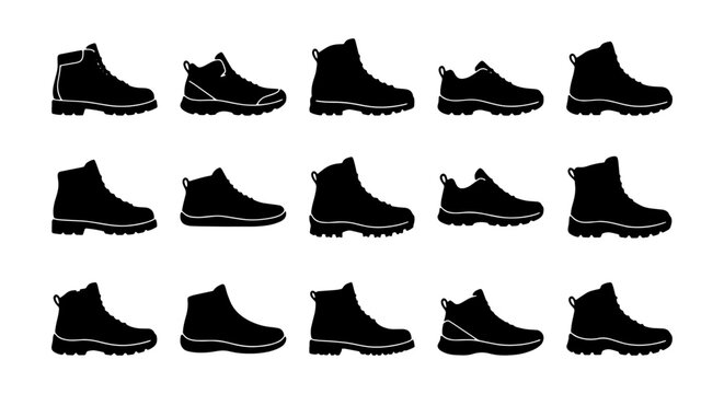 Collection of 15 Black Boot and Shoe Silhouettes, Footwear Icons for Outdoor and Casual Styles, Vector Set