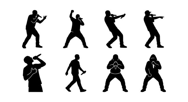 Rapper Silhouette Collection, Hip Hop Artist Poses, MC Performance Icons, Music Event Graphics, Urban Style Vector Set