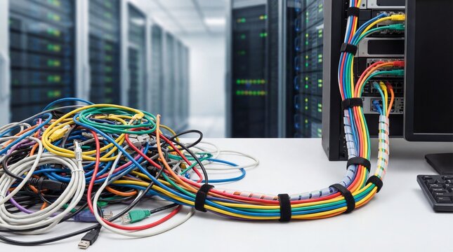 A messy tangle of colorful computer cables in a server room, connected to a computer and organized cables tied with black ties. Server racks in the background indicate a data center environment