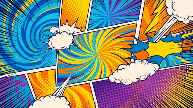 Colorful comic book panel backgrounds with dynamic swirling patterns and action lines. Abstract visual elements like bursts, speech bubbles and explosions.