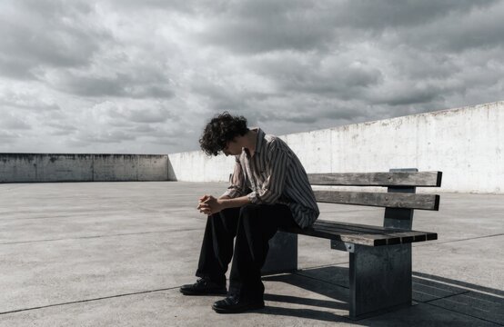 Young man sitting alone on a bench with head bowed under cloudy skies