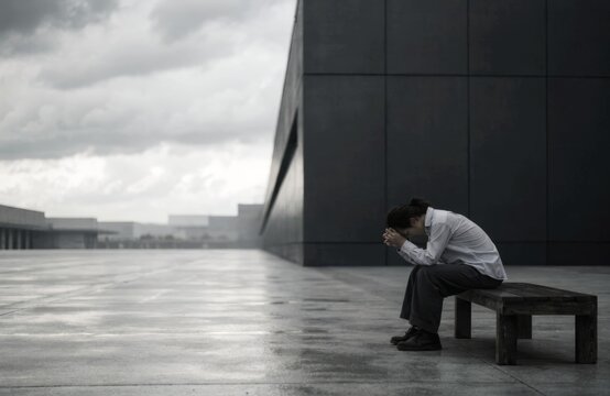 Person sitting alone on a bench in front of a modern building on a cloudy day