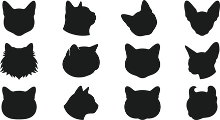 Cat head silhouette vector icon set featuring domestic kitten breeds profile views persian sphynx and longhair feline faces for pet product designs © MdMahfuj