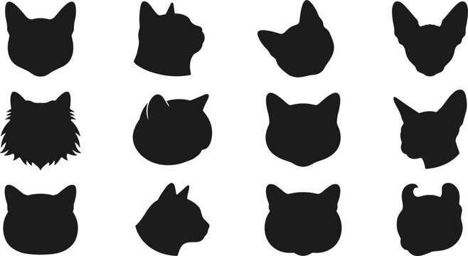 Cat head silhouette vector icon set featuring domestic kitten breeds profile views persian sphynx and longhair feline faces for pet product designs