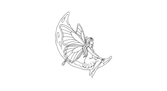Fairy Sitting on Crescent Moon, Butterfly Wings, Fantasy Illustration