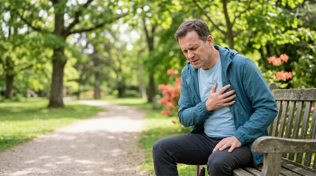 Man with chest pain sitting on park bench. Heart attack symptom and medical emergency concept. Middle aged male clutching chest in outdoor public park