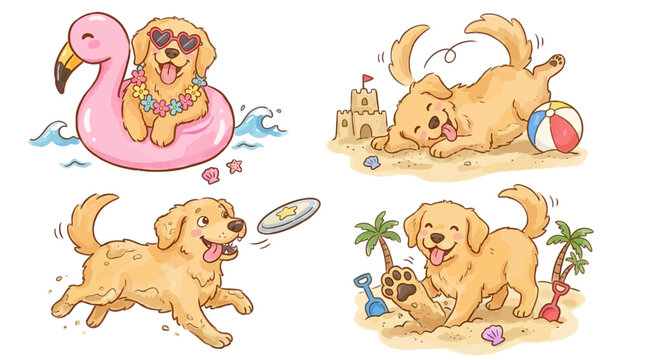 Collection of playful golden retriever dogs with happy derpy expressions during summer beach vacation set isolated on white background for pet lover design