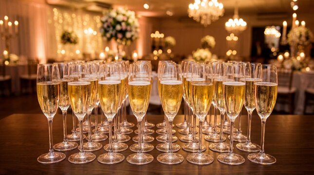 A line of champagne flutes filled with bubbly champagne, set up on a table at a fancy event, with elegantly decorated tables and chandeliers in the background