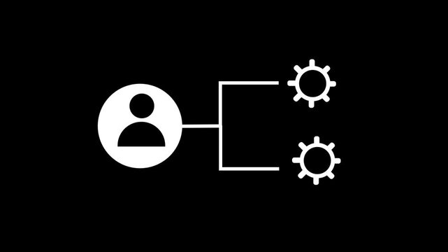 White user profile icon animation connected to spinning gear wheels flow isolated on black background