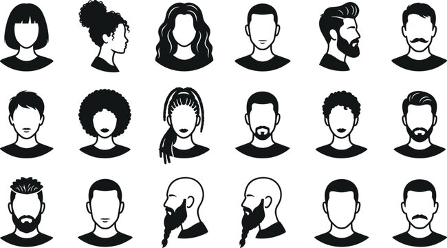 Hairstyle and beard avatar icon set featuring male and female faceless silhouettes with dreadlocks, afro curls, bob cuts, mustaches, and long beards