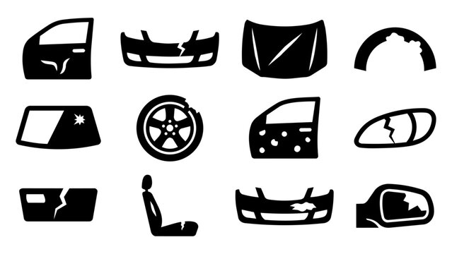 Car Damage and Smart Repair Silhouette Icon Set - Dents Scratches Cracks and Interior Damage