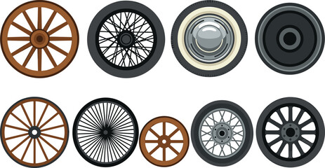 Vintage wheel vector set featuring classic wooden wagon wheels retro wire spoked rims hubcaps and modern car tires for automotive history graphic designs © MdMahfuj